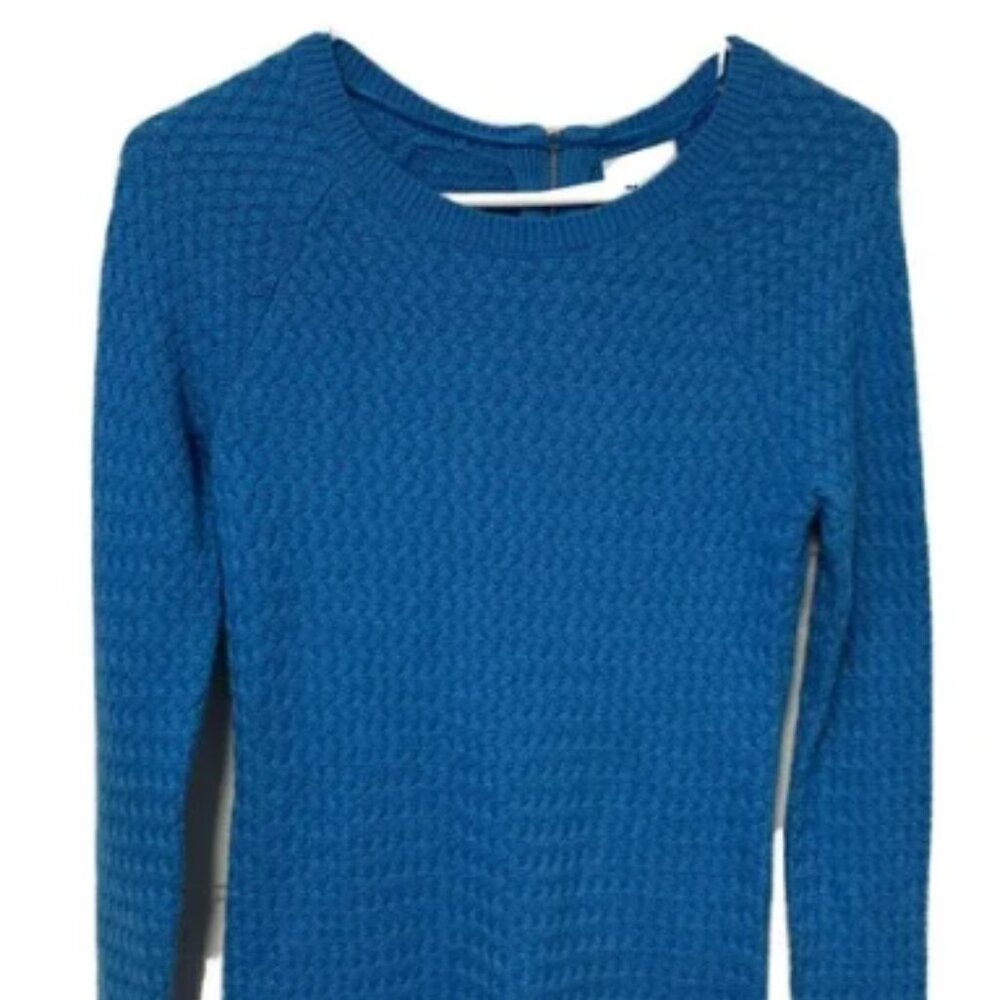 Crown & Ivy Womens Hi-Lo Blue Knit Pullover Short Back Zip Ribbed Cuffs & Hem XS